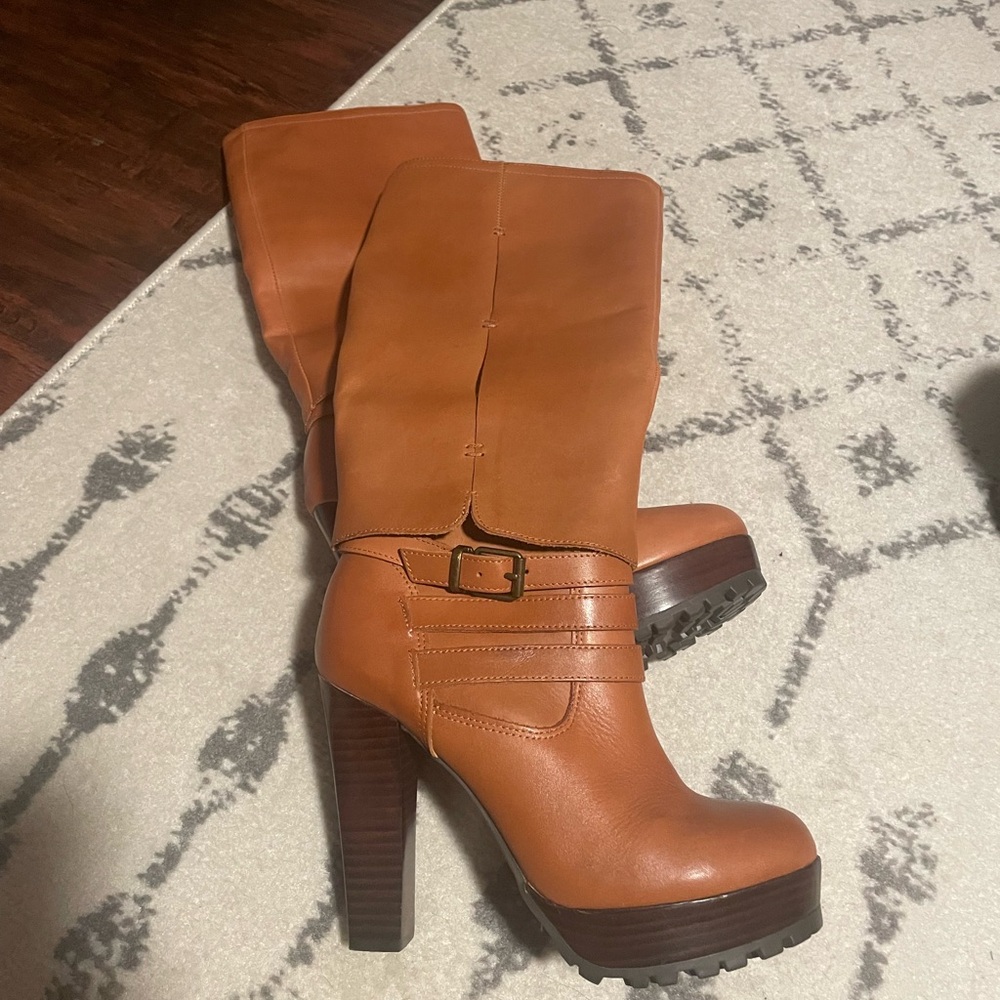 Stylish Tan Leather High Heel Boots